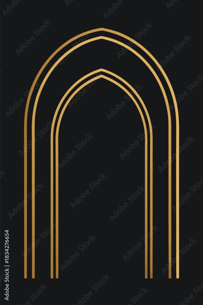 Fototapeta premium Luxury Black Islamic Arch Background with Triple Gold Lines, Vector Template for Ramadan Night