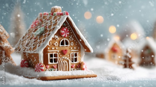 Gingerbread house on snow-covered ground with candy decorations during holiday season celebration