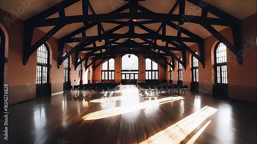 Grand Timber-Beamed Hall: Historic Architecture with Stained Glass Windows