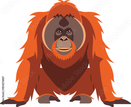 Stylized orange orangutan portrait seated against a white background