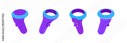 Four purple and blue VR controllers in a row on a white background.