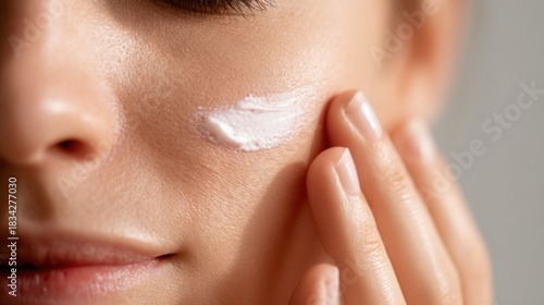 Close up of woman applying moisturizing cream on face skin with her fingertips, focusing on smooth complexion and skincare routine