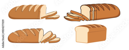 A collection of four cartoon illustrations of loaves of bread, both whole and sliced, isolated on a white background.