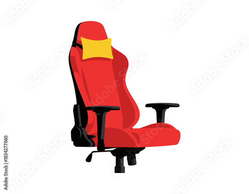 Red gaming chair with yellow pillow for comfort and support.