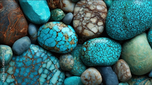Brightly colored stones gathered together on a flat surface, showcasing various shades of blue and green and intricate patterns