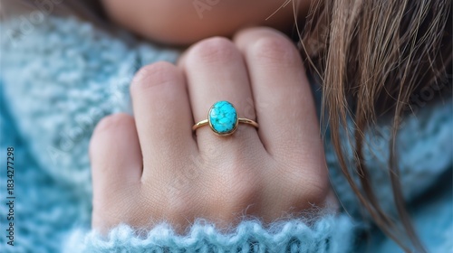 Hand showing a ring with a turquoise stone while a person wears a winter sweater in a cold setting
