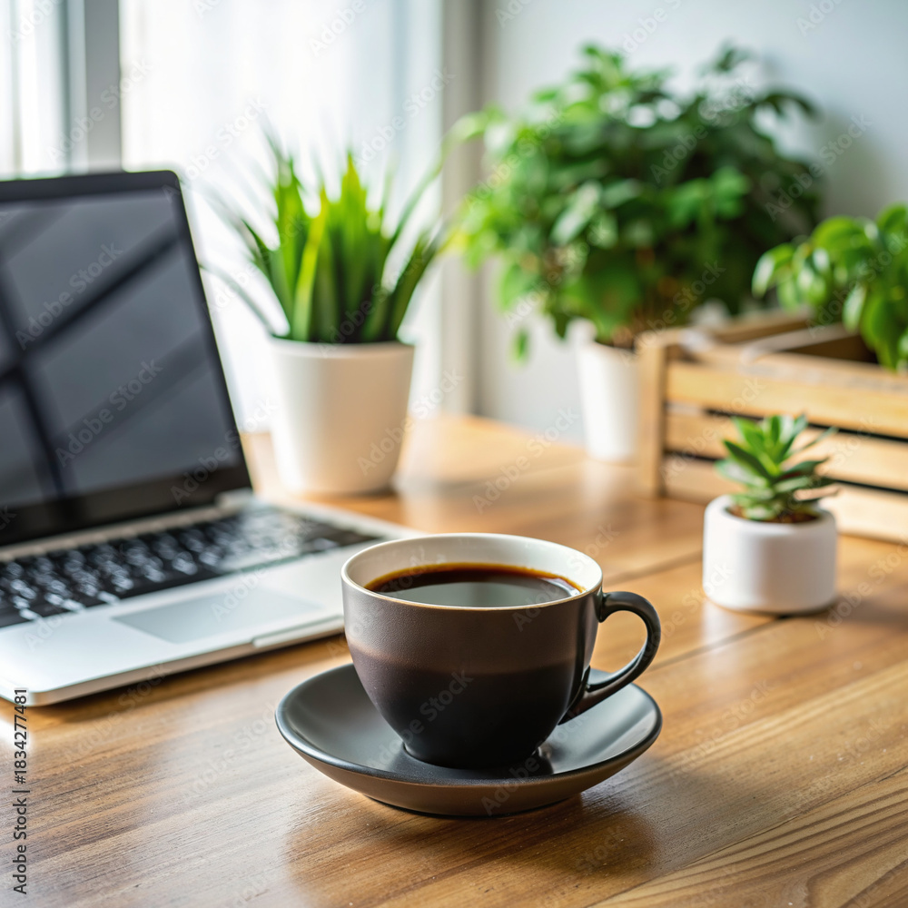 Obraz premium Morning coffee at the office desk
