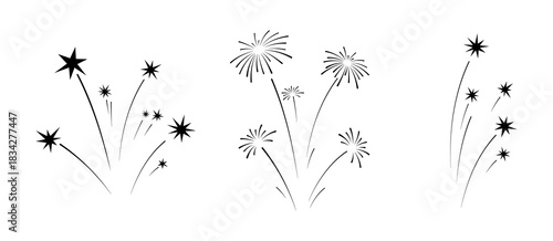 A set of fireworks icons is isolated on a white background, vector black and white illustration. Festive lights, firecracker flashes in the sky. Decorative element for design, holiday, postcard