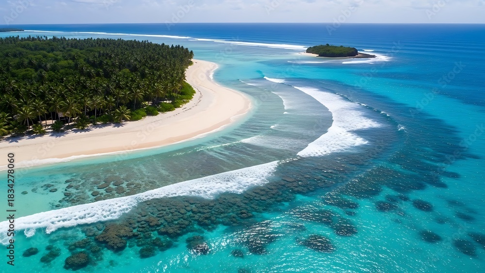 Obraz premium Stunning Aerial of Tropical Paradise: White Sand Beach Turquoise Ocean Lush Palms and Coral Reef.