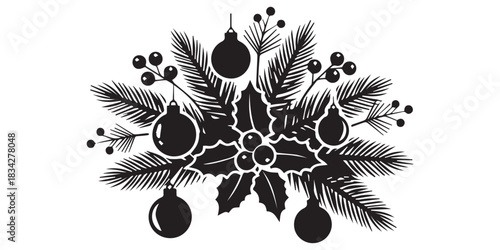 Monochrome vector art set with pine branch olive twig snowflake ornament and pinecone arranged separately for christmas and winter decoration design in minimalist silhouette style