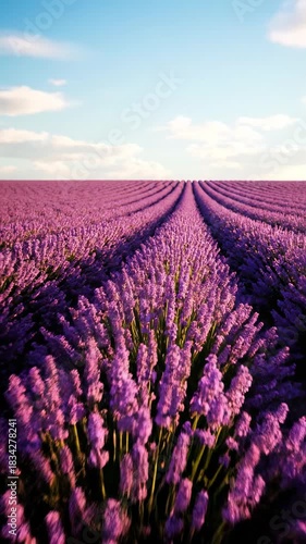 Wide static shot of an expansive ethereal purple lavender field stretching to the horizon while a gentle summer breeze passes over the blossoms day, pink, agriculture