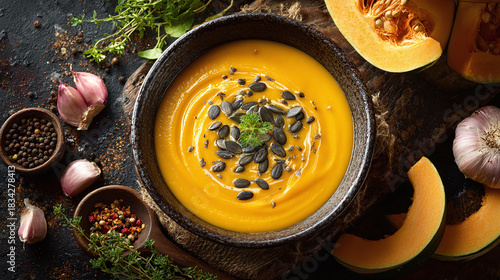A delectable serving of pumpkin soup adorned with toasted seeds, presented with complementary ingredients. A culinary experience of warm tones and inviting textures