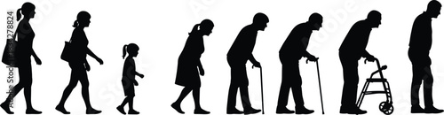 Human aging silhouette sequence, childhood to elderly, walking figures, life stages, physical change, development timeline illustration, aging flat vector