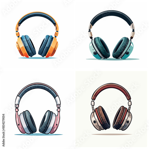 Colorful headphone illustrations with various designs and styles against a neutral background perfect for music and audio concepts