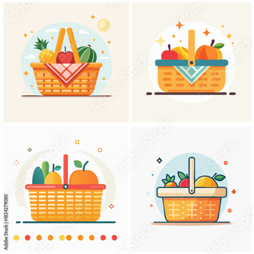 Colorful cartoon illustrations of picnic baskets filled with various fruits and vegetables perfect for food concepts or designs