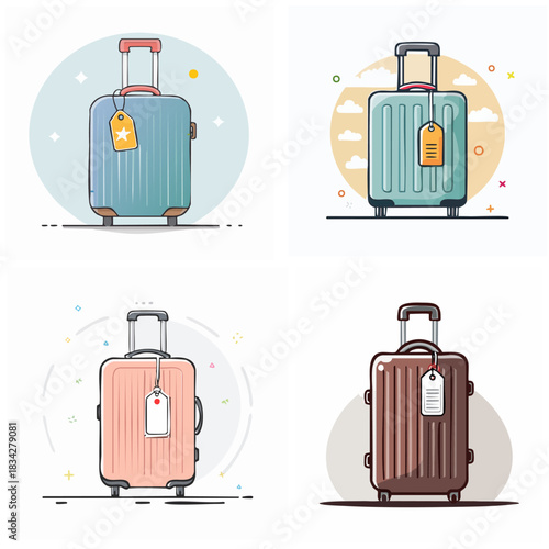 Stylized illustrations of various travel suitcases in different colors and designs against a white background for travel and vacation concepts