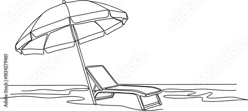 One-Line Beach Scene with Umbrella and Lounge Chair.