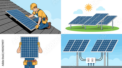 Illustrations of solar panel installation and energy generation