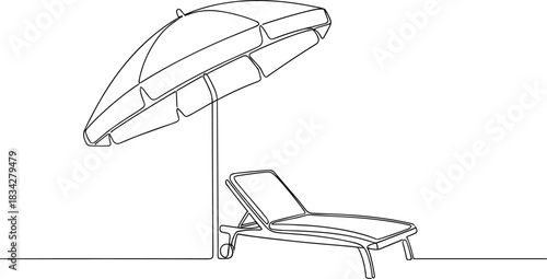 One-Line Beach Scene with Umbrella and Lounge Chairs.