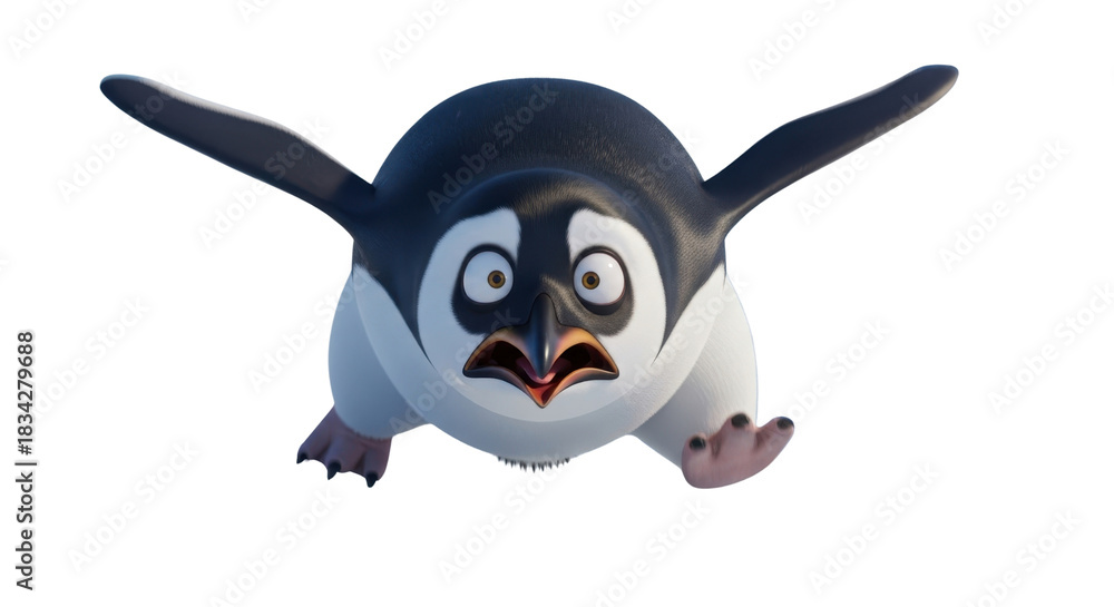 Fototapeta premium Funny penguin character with surprised expression, cute 3D cartoon penguin running with open wings, adorable flightless bird mascot on white background