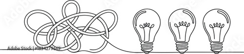 Simple Continuous Line Art of Knotty Problem Wires and Solution Bulbs.