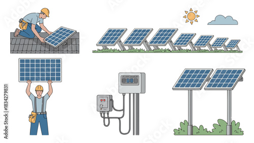 Solar panel installation and components illustration set