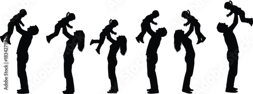 Adult lifting child silhouette set, joyful family moment, parent bonding, playful interaction, love care illustration, parenting theme flat vector