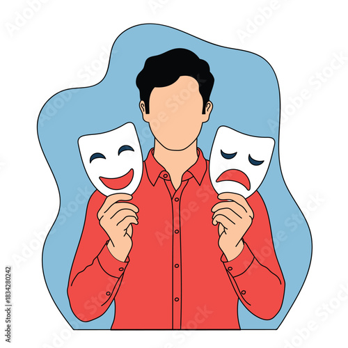 Bipolar mask illustration of person holding emotional theater masks