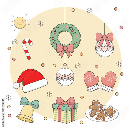 Cute minimal line art of Christmas icons arranged in a circle, including a wreath, Santa hat, and gifts