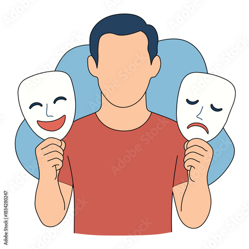 Bipolar mask illustration of person holding happy and sad faces