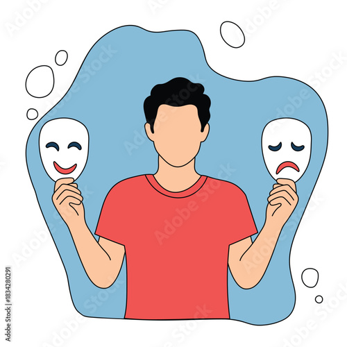 Bipolar mask illustration of person separating happy and sad faces