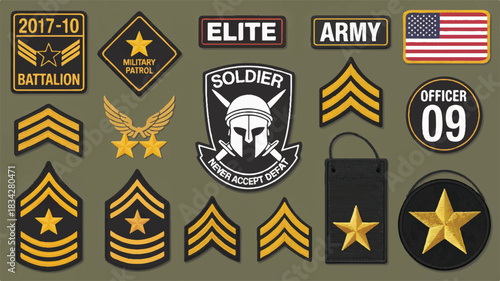Collection of military-themed patches and insignia, including rank chevrons, emblems, and flag designs, symbolizing honor and service