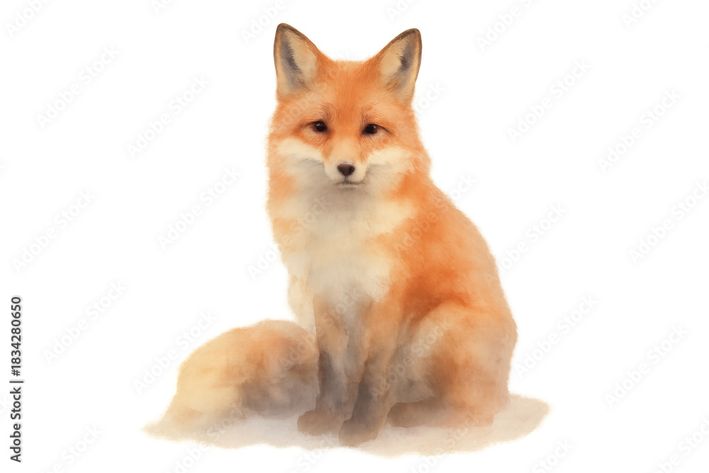 Naklejka premium Red fox animal portrait sitting, wildlife mammal painting with furry tail, transparent background cutout for design elements