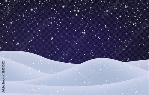 Night snow falling on snowdrifts, snowflakes and blizzard. Snow landscape decoration, frozen hills isolated on png. Vector heavy snowfall with snowbanks field. Christmas vector illustration.