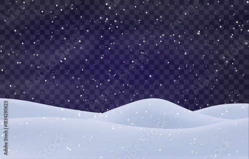 Night snow falling on snowdrifts, snowflakes and blizzard. Snow landscape decoration, frozen hills isolated on png. Vector heavy snowfall with snowbanks field. Christmas vector illustration.