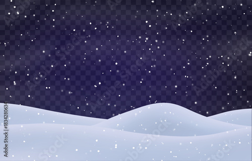 Night snow falling on snowdrifts, snowflakes and blizzard. Snow landscape decoration, frozen hills isolated on png. Vector heavy snowfall with snowbanks field. Christmas vector illustration.