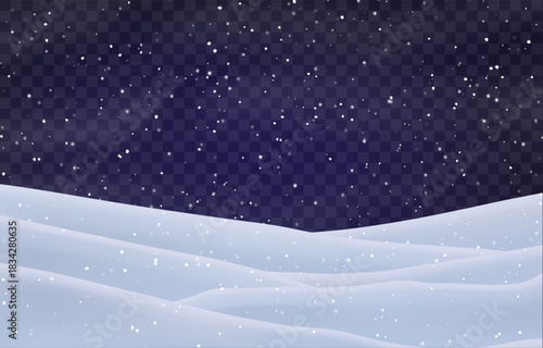 Night snow falling on snowdrifts, snowflakes and blizzard. Snow landscape decoration, frozen hills isolated on png. Vector heavy snowfall with snowbanks field. Christmas vector illustration.