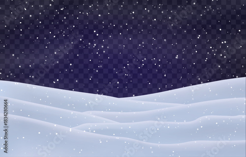 Night snow falling on snowdrifts, snowflakes and blizzard. Snow landscape decoration, frozen hills isolated on png. Vector heavy snowfall with snowbanks field. Christmas vector illustration.