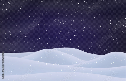 Night snow falling on snowdrifts, snowflakes and blizzard. Snow landscape decoration, frozen hills isolated on png. Vector heavy snowfall with snowbanks field. Christmas vector illustration.