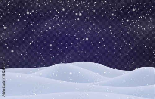 Night snow falling on snowdrifts, snowflakes and blizzard. Snow landscape decoration, frozen hills isolated on png. Vector heavy snowfall with snowbanks field. Christmas vector illustration.
