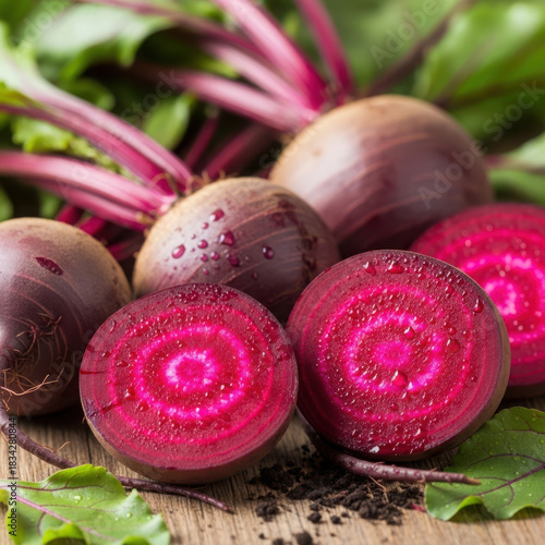 Fresh whole and halved beets with vibrant purple flesh and green tops