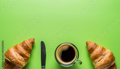 Invigorating coffee break with croissants and knife, perfect for a fresh morning start