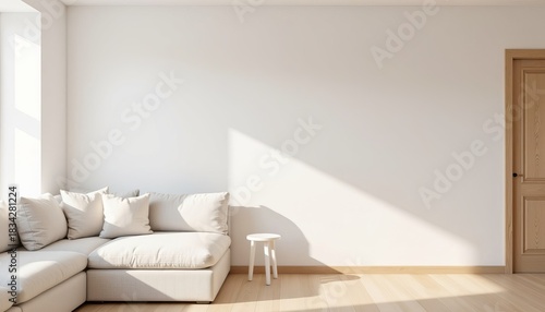 Empty room interior with light couch and wooden door. Minimalist modern living space for home decoration and design concept.