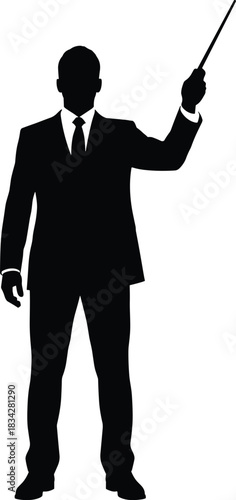Businessman silhouette with pointer stick, suit and tie, teaching pose, presentation gesture, professional figure illustration, instructor flat vector