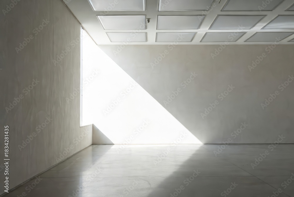 Fototapeta premium Empty concrete room with natural light creating diagonal shadow. Minimalist interior space for architecture, design, and art exhibition. Trend color year 2026.
