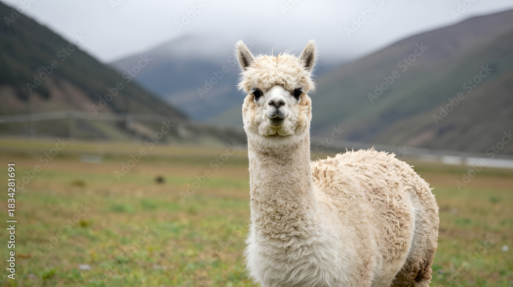 Fototapeta premium Alpaca with fluffy coat standing in mountain valley breeze charming portrait