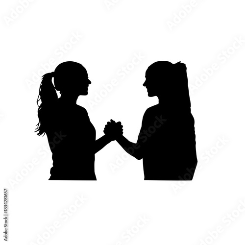 Two young women holding hands in silhouette against a white background