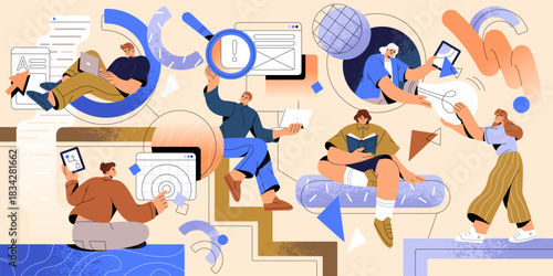 Coworking, teamwork concept. Team of office workers works in collaboration, cooperation. Employees communicate, share ideas, solve tasks together. Development workflow. Flat vector illustration.