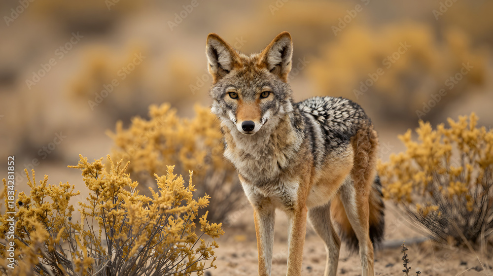 Obraz premium Coyote standing alert in golden desert brush atmospheric close up