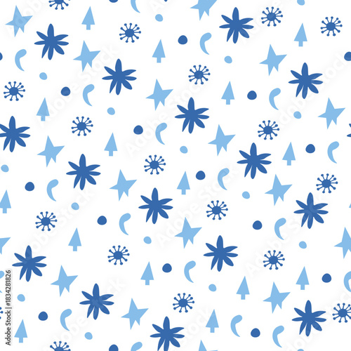Vector seamless pattern with Christmas blue elements on an isolated white background. Animalistic and botanical print in a modern flat style with horses.